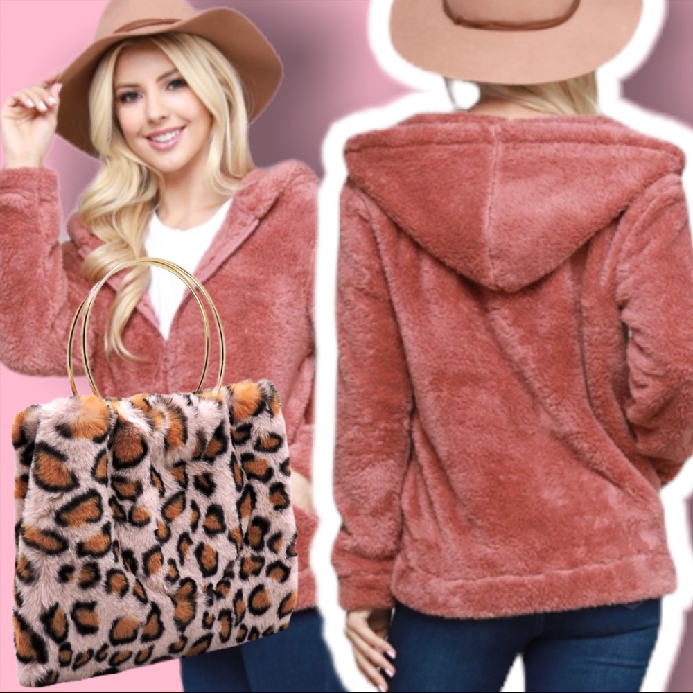 Plush Faux Fur Soft Blush Teddy Bear Zipper Jacket - Picture 6 of 9